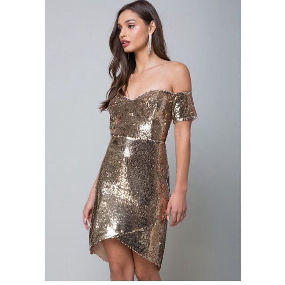 NWT BEBE DREW GOLD SEQUIN OFF SHOULDER Dress Size S